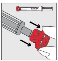 Illustration showing a syringe at the top and hands rotating a red base on a medical device with black arrows indicating the movement