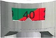 Close-up of a numerical indicator with the number 40 in black on a background split between green on the left and red on the right