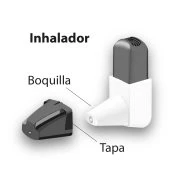 Medical inhaler with white mouthpiece and black body, accompanied by a black protective cap, labeled Boquilla and Tapa