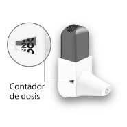 White inhaler with a magnified circular display showing a dose counter with numbers 10, 20, and 30 and the label contador de dosis