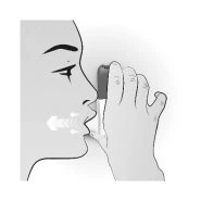 Black and white drawing of a person holding an inhaler near the mouth with an arrow indicating airflow