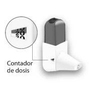 White inhaler with an inset showing the dose counter displaying the numbers 10 and 20 and the label Contador de dosis
