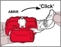 Hands opening a red and white medical device with a curved arrow and the word 'Click' indicating the opening movement
