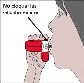 Drawing of a human profile holding a red inhaler near the mouth with an arrow indicating the valves