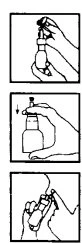 Tre disegni sequenziali mostrano le mani che manipolano un flaconcino medico per estrarre il liquido e preparare la dose con un