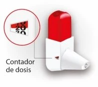 White medical device with a red cap and a circular magnifier showing the dose counter with black numbers on a white background