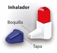 Medical inhaler consisting of a white body with a red top, white mouthpiece, and a separate blue cap with text in Spanish