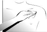 Stylized drawing of a hand pressing a patch or dressing onto the chest of a human torso to apply a medical treatment