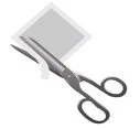 A pair of open scissors with metal blades and black handles placed over a gray sheet of paper with white borders