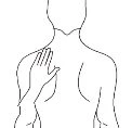Line drawing of a person's torso with a hand placed on the chest and neck to indicate chest pain or discomfort
