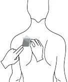 Line drawing of a human torso with two hands applying a square patch on the upper right chest