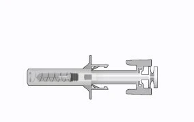 Diagramma tecnico orizzontale di una siringa o dispositivo medico con pistone interno e componenti meccanici di precisione in grigio chiaro