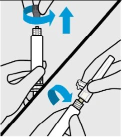 Diagramma che mostra due fasi: ruotare la parte superiore di una penna iniettrice e svitare un componente con le mani
