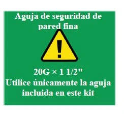Testo su sfondo verde con triangolo giallo contenente punto esclamativo, indicazioni aguja de seguridad de pared fina 20G x 1 1/2 e avviso d'