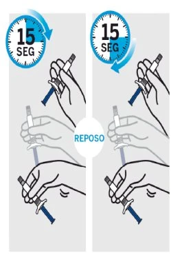 Diagramma con quattro mani che impugnano siringhe e due orologi che indicano un intervallo di 15 secondi tra le applicazioni con la scritta riposo