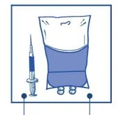 Blue schematic drawing of a syringe next to a stylized human torso with an elastic band around the waist and two small circles at the base