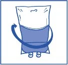 Blue schematic drawing of a bag with a curved arrow indicating rotational movement around the container