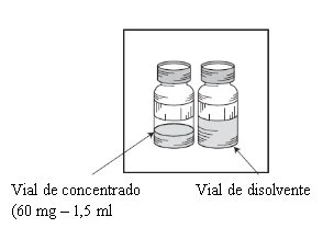Technical drawing of two vials side by side, with arrows indicating the 60 mg/1.5 ml concentrate vial and the solvent vial