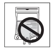 Black and white drawing of a medication pouch with a circular prohibition sign and diagonal bar overlaid