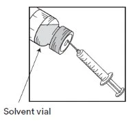 Technical drawing of a syringe with a needle piercing the stopper of a solvent vial, indicated by an arrow labeled 'Solvent vial'