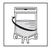 Diagram showing an infusion bag with liquid and a curved arrow indicating rotational movement of the container