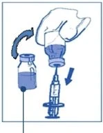 Technical drawing showing a syringe with needle being inserted into a glass vial to withdraw the contained liquid
