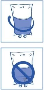 Diagram with two boxes showing a bag with a blue circular arrow and a bag with a prohibition sign over the lower blue portion