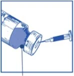 Technical illustration in blue of a syringe with a needle piercing through the rubber stopper of a medicine vial to withdraw the contents