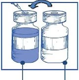 Technical drawing of two medical vials with a needle drawing liquid from the first vial to the second via an upper curved arrow