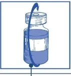 Medicine vial with blue liquid and a curved arrow indicating rotational movement of the cap toward the