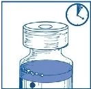 Technical drawing of a medicine vial with blue liquid and a clock in the upper right corner indicating the