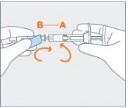 Two hands joining parts of a medical device with curved orange arrows indicating rotational movement between A and B