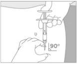 A hand holding a syringe and inserting it vertically at a 90-degree angle into the skin
