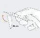 Dashed-line technical drawing showing a hand holding an injection pen to administer medication with a curved orange arrow indicating injection