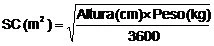 Formula matematica per il calcolo della superficie corporea SC in metri quadrati ottenuta tramite la radice quadrata di altezza in cm per peso in kg diviso 3600