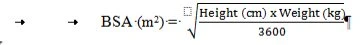 Mathematical formula for calculating body surface area BSA in square meters relating height in cm and weight in kg