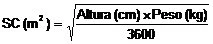 Mathematical formula for calculating body surface area (BSA) in square meters, obtained by dividing height in cm by weight in kg, then taking the square root of the result divided by 3600
