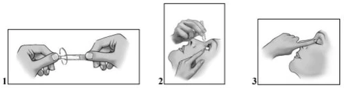 Three sequential drawings show hands preparing a medical device, applying it to a nose, and inserting it into a person's nostril