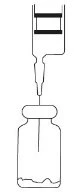 Disegno tecnico in bianco e nero di un ago di siringa che penetra attraverso il tappo di un flaconcino di vetro per prelevare il liquido