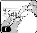 Two hands gently lifting and removing a transparent protective cover from a medical device with the letter F in a black box