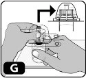 Two hands manipulating a medical device with a black arrow indicating the insertion movement toward the