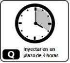 Icon of an analog clock with a gray section indicating a 4-hour interval and Spanish text reading 'inject within 4 hours'