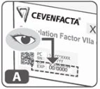 Diagramma che mostra il nome CEVENFACTA, un occhio puntato con una freccia verso il codice a barre e i dati di scadenza su una confezione medica