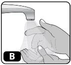 Disegno in bianco e nero che mostra due mani sotto un rubinetto aperto per lavarsi con il getto d'acqua