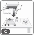 Schema illustrativo con una scatola aperta, un flaconcino, una siringa, una fiala e un contenitore disposti su un tavolo con la lettera C in basso