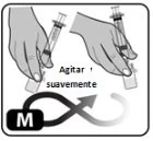 Due mani tengono una siringa collegata a un flacone con una freccia curva che indica di agitare delicatamente il preparato medico
