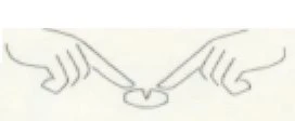 Black line drawing of two hands pointing with index fingers at a small circular tablet placed in the center