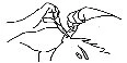 Black line drawing showing a hand holding a syringe to inject liquid into a curved surface or body