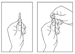 Technical drawing showing two hands holding a drug vial, the first hand gripping it vertically and the second opening it by twisting the cap