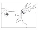 Line drawing of a person with open mouth taking powder poured from a sachet held by a hand